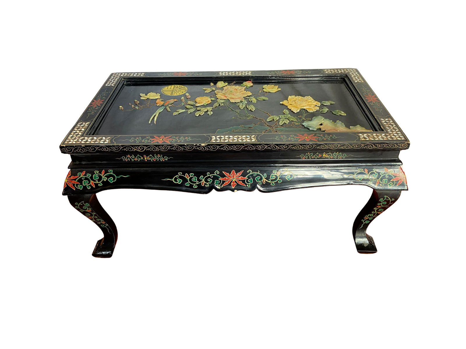 Unusual Vintage Black Laquer and Hard Stone Folding Coffee Table (1 of 11)