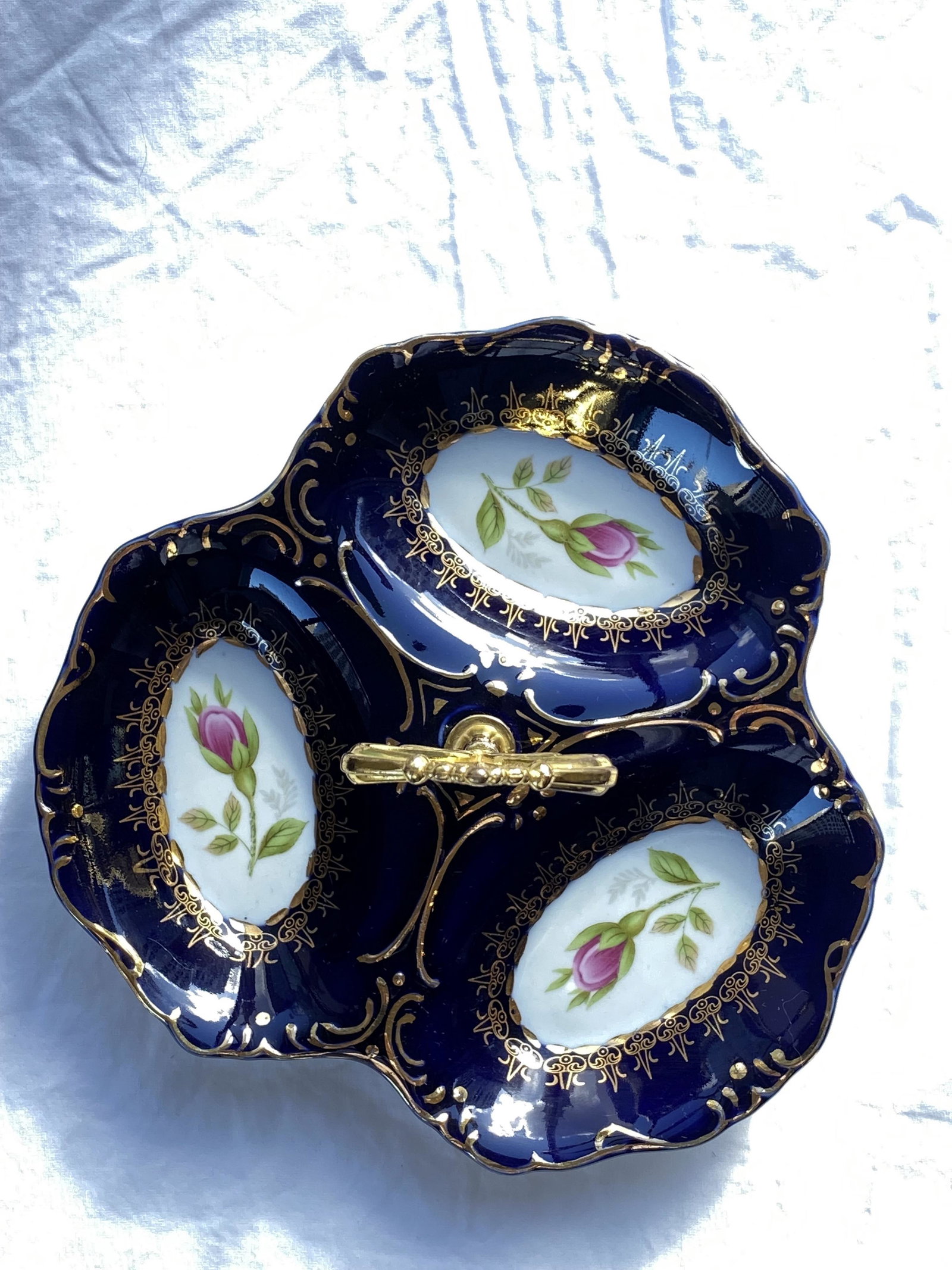 Cobalt and Gold Hand Painted Porcelain 3 Section Serving Dish (1 of 4)