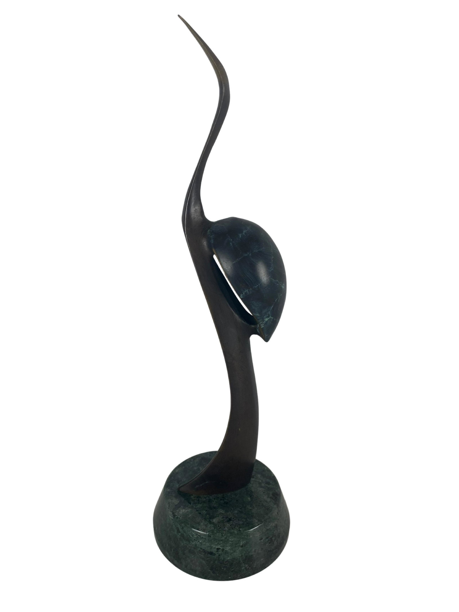 Bronze Crane on Green Marble Base: Small Bronze Crane on a Green Marble Base Approx. 12 x 3 x 3 inches