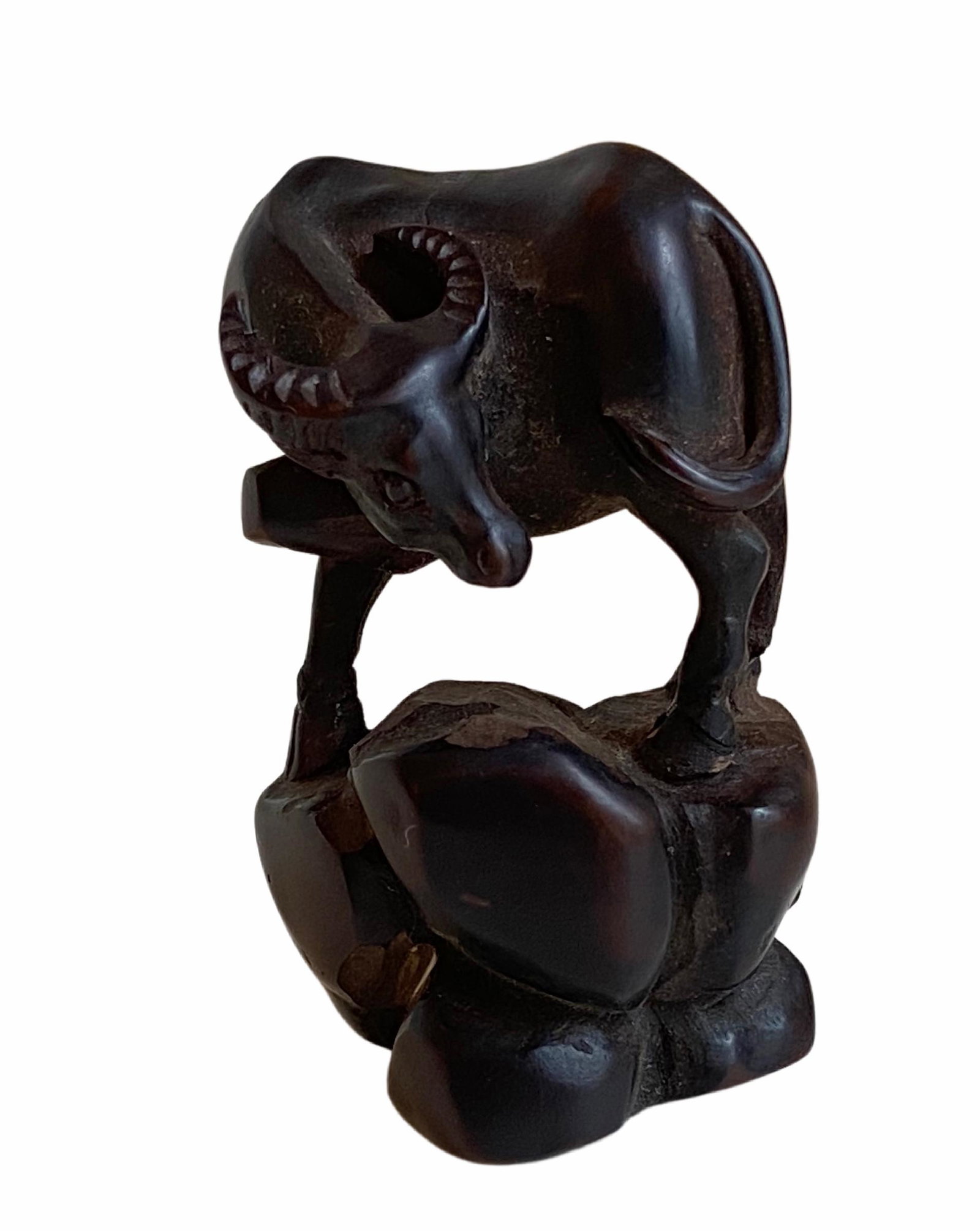 Hand Carved Wood Netsuke Bull: Hand Carved Wood Netsuke Bull Approximately 2" H x 1" W x 1" D