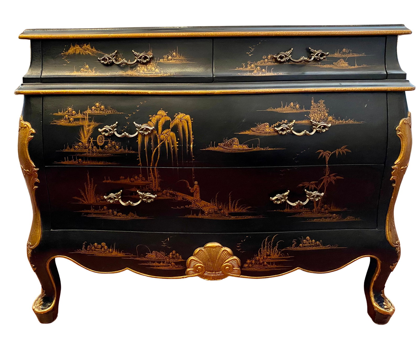 Black and Gold Bombe Chinoiserie Commode: Black and Gold Bombe Chinoiserie Commode Approximate Dimensions 39.5"H x 41"W x 18"D
