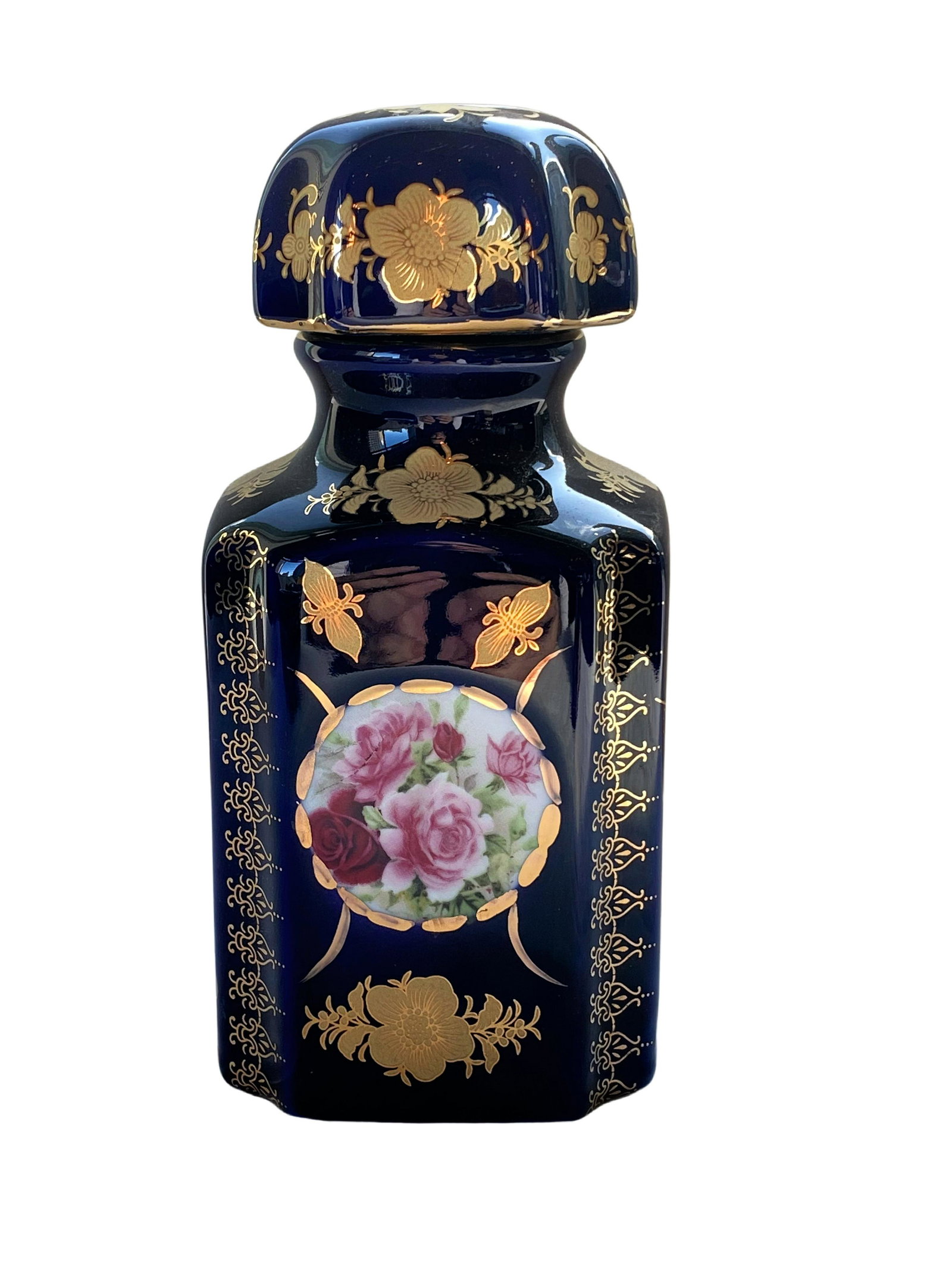 Hand Painted Cobalt Blue Porcelain Bottle with Lid: Hand Painted Cobalt Blue Porcelain Bottle with Lid Approximate Dimensions 6.5"H x 3"w x 3"D