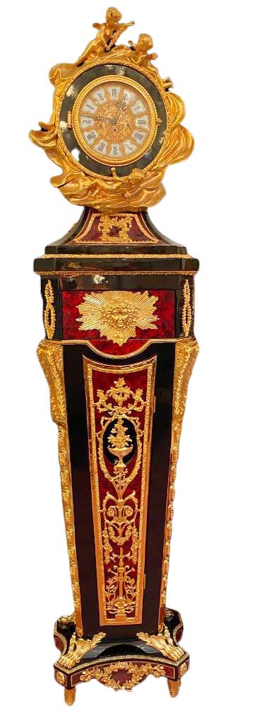 Louis XV Rococo Style Ormolu Mounted Pedestal Clock After Riesener: Louis XV Rococo Style Ormolu Mounted Pedestal Clock After Riesener, Jean Henri (French, 1735-1806) This grand pedestal clock follows a design by the prestigious 18th Century cabinetmaker Riesener, the