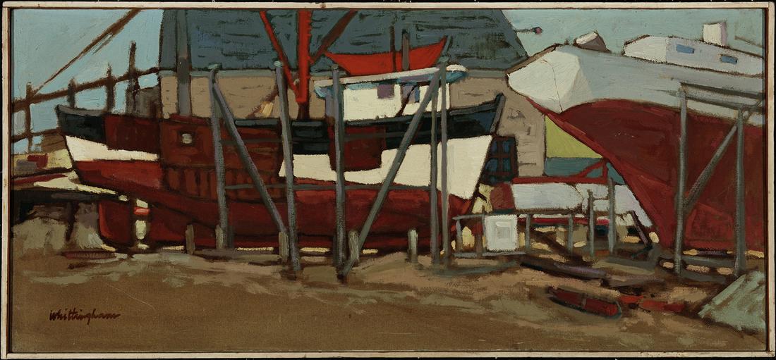Bonnie Whittingham, Untitled (Boats on Drydock), n.d., Oil on canvas: Bonnie Whittingham (1921-1997) Untitled (Boats on Drydock), n.d. Oil on canvas Signed lower left