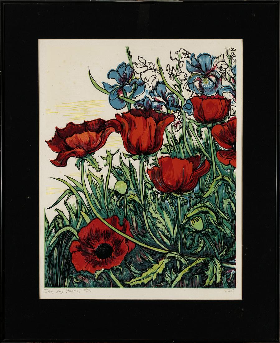 Mervin Jules, Iris and Poppies, n.d., Block print: Mervin Jules (1912-1994) Iris and Poppies, n.d. Block print, edition 81 of 100 Signed lower right