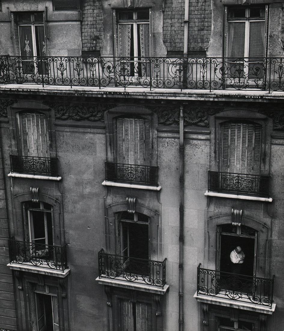 CALIFORNIA MID-CENTURY: Benjamen Chinn: Benjamen Chinn, Balconies, Rue de Tocqueville, Paris, 1949. Vintage gelatin silver print, 12" x 10.5". Flush-mounted. Signed in pencil on verso. Title and date in pencil on verso. "Perceptions" exhibi