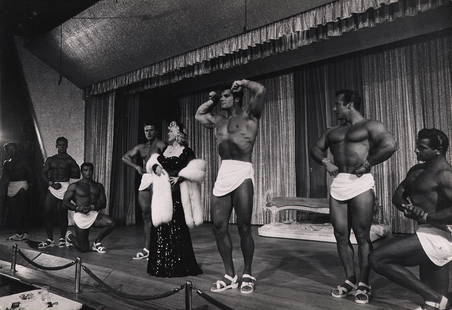 CALIFORNIA MID-CENTURY: Loomis Dean: Loomis Dean, Mae West, Hotel Sahara, 1954, Vintage gelatin silver print, 9.25" x 13.25". Artist's credit stamped on verso. Number stamped on verso. Artist Biography: Loomis Dean was one of the