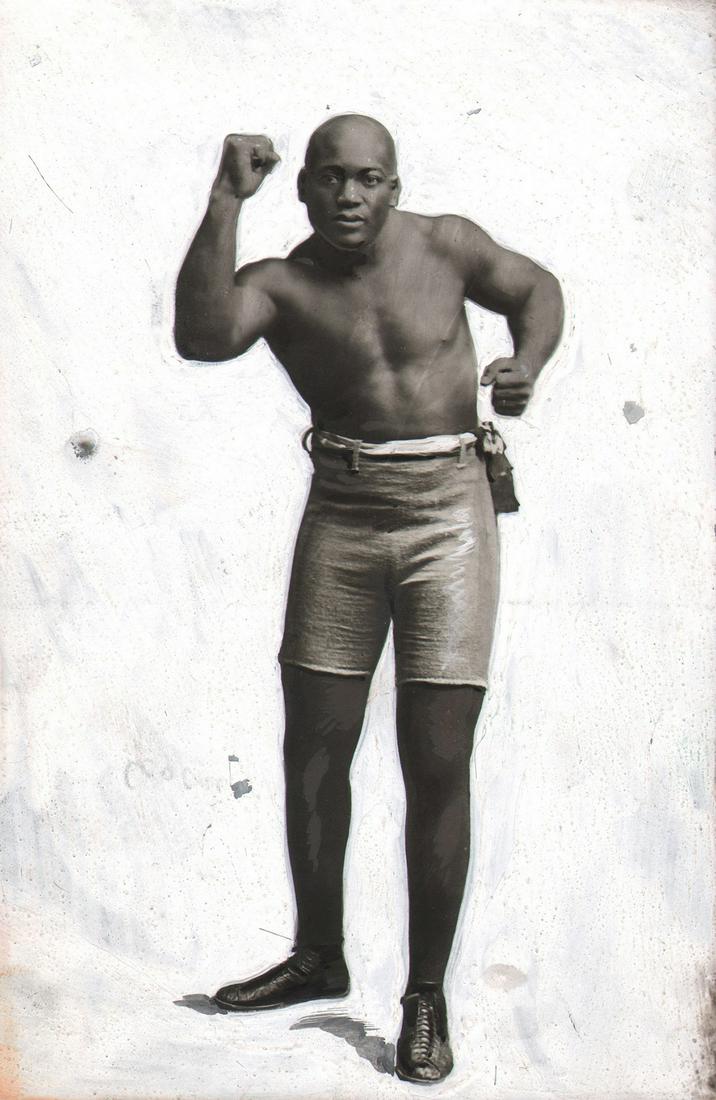 Branger, Jack Johnson Boxing, c. 1915: Branger, Jack Johnson Boxing, c. 1915, Vintage gelatin silver print (hand-coloring applied), 6.5" x 4.25". Matted. Title and notes in pencil on verso. Photographer's credit stamped on verso.