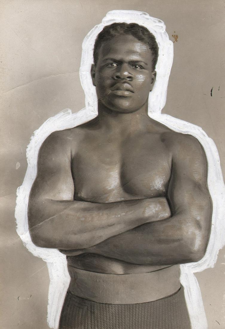 Anonymous, Boxer Sam Mac Vea, c. 1915: Anonymous, Boxer Sam Mac Vea, c. 1915, Vintage gelatin silver print (hand-coloring applied), 7" x 5", mounted to 11.25" x 7.75" paper. Titled in pen on mount recto.