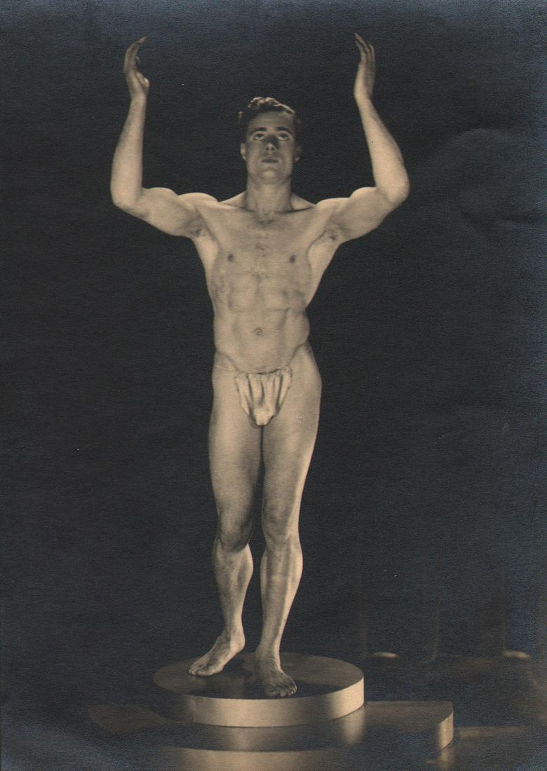 Yvonne, Male Nude, c. 1930: Yvonne, Male Nude (Jack Wright), c. 1930, Vintage gelatin silver print, 6" x 4.5". Artist's credit stamped on verso. Subject identified in pencil on verso.