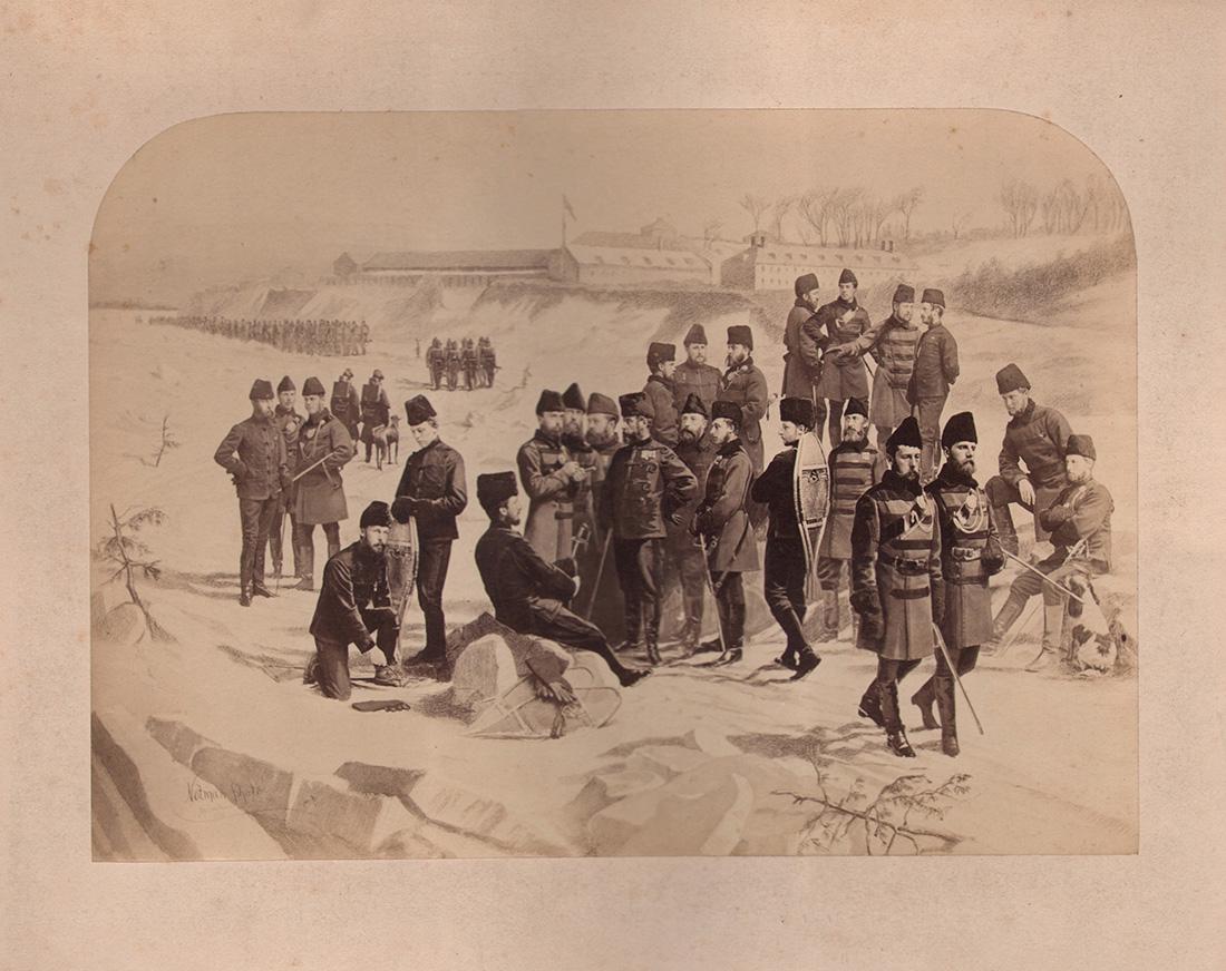 William Notman, Canadian Snowshoers Montage, c. 1870: William Notman, Canadian Snowshoers Montage, c. 1870, Albumen print (?), 6.75" x 9.5", mounted 14.25" x 19.5". "Notman Photo" written on lower left of print recto. Numbered in pencil on verso.