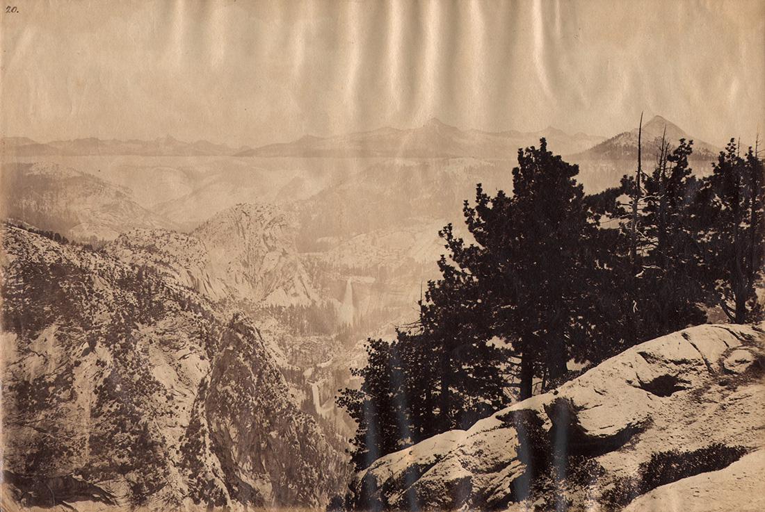 Carleton E. Watkins, Vernal and Nevada Falls, c. 1867: Carlton E. Watkins, Vernal and Nevada Falls from Glacier Point, c. 1867, Albumen print, 8" x 11.75". Numbered on upper left recto. Titled in pencil on verso. Stamped "J.J. Cook, Successor to Carlton E