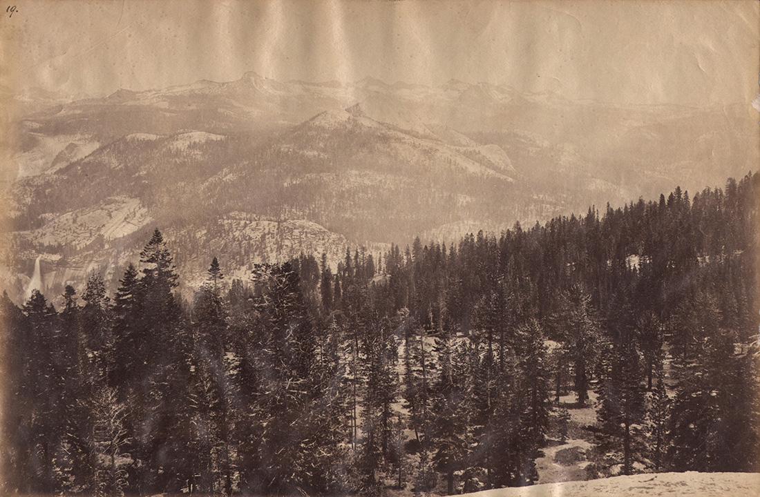 Carleton E. Watkins, The Merced Group, Yosemite, c.1865: Carleton E. Watkins, The Merced Group from Sentinel Dome, Yosemite, c. 1865, Albumen print, 8" x 12". Numbered on upper left recto. Titled in pencil (faded) on verso. Stamped "J.J. Cook, Successor to