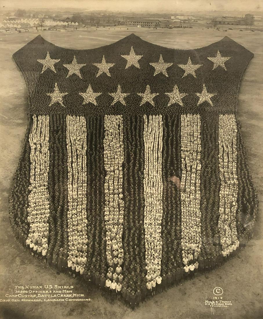 Mole & Thomas, The Human US Shield, 1918: Mole & Thomas, The Human U.S. Shield - 30,000 Officers and Men - Camp Custer, Battle Creek, Mich. - Brig. Gen. Howard L. Laubach Commanding, 1918, Vintage gelatin silver print, framed 14.25" x 11.5". 