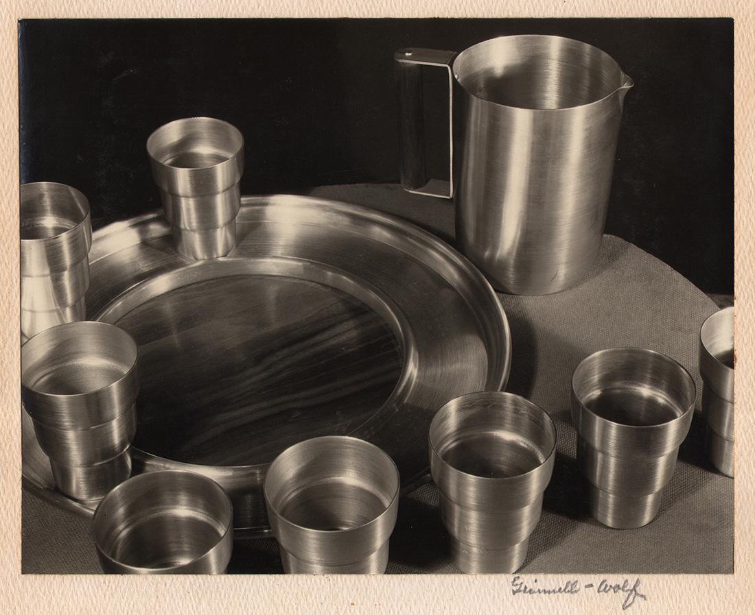 Estelle Wolf, Russel Wright Aluminum Service, 1939: Estelle Wolf, Russel Wright Aluminum Service, 1939, Vintage gelatin silver print, 7.5" x 9.75", mounted 15.75" x 12.25". Matted. Signed in pencil on mount recto.