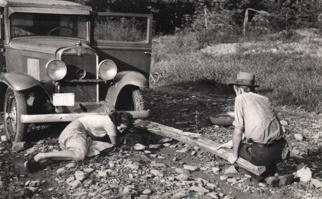 Marion Post Wolcott, Self-portrait working on car, 1940: Marion Post Wolcott, Self-Portrait (Working on car), Kentucky, 1940, Gelatin silver print, 4" x 6". FSA photograph. Signed with partial title and date in pencil on recto. 1978 inscription on verso in