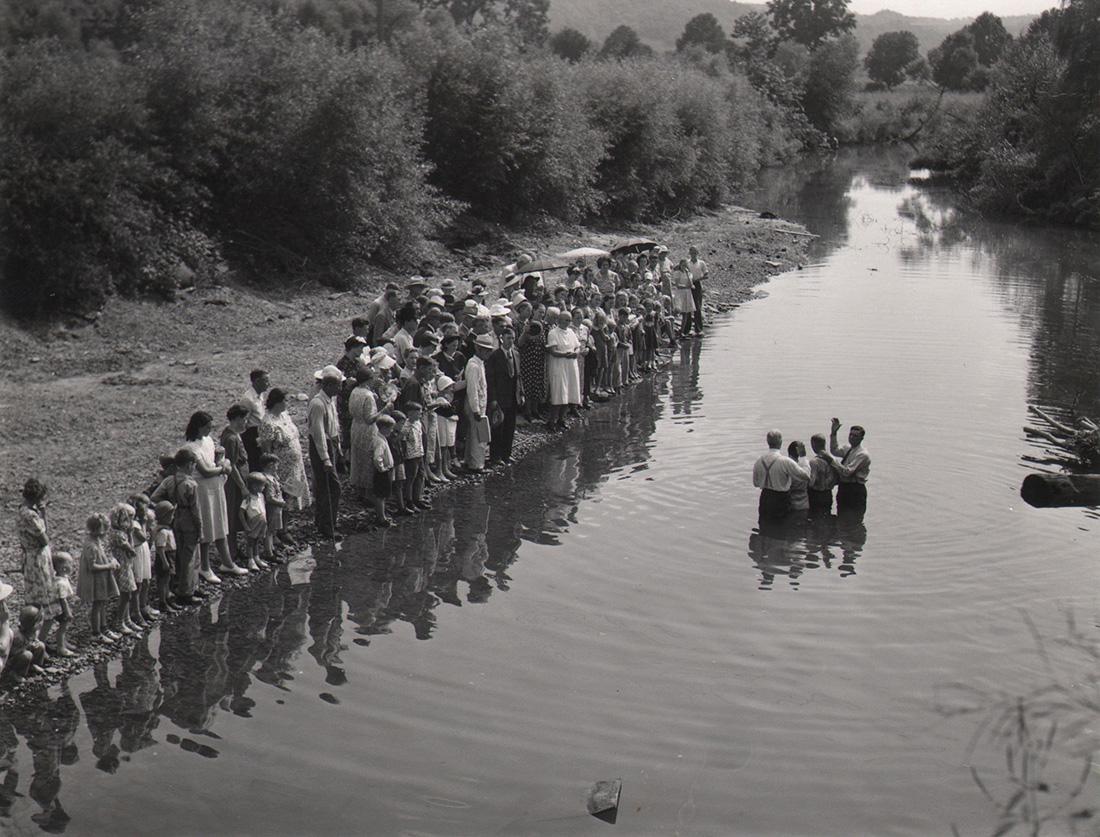 Marion Post Wolcott, Baptism, Kentucky River, 1939: Marion Post Wolcott, Baptism, South Fork of Kentucky River, near Morehead, Kentucky, 1939, Gelatin silver print, 5.5" x 7". FSA photograph. Signed with title and date in pencil on recto. 1981 correspo