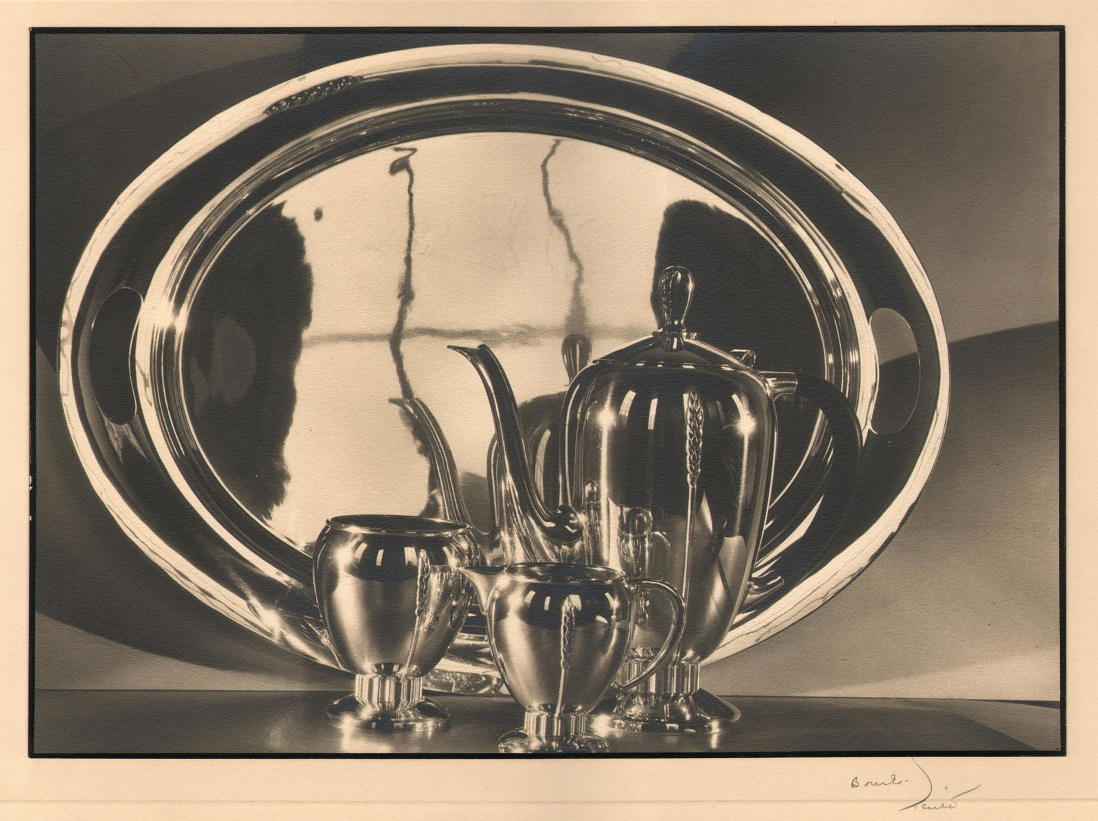 Margaret Bourke-White, Silver serveware, c. 1930: Margaret Bourke-White, Silver serveware, c. 1930, Vintage gelatin silver print, 9.5" x 13.25" mounted 14" x 19". Signed in pencil on mount recto. Artist's credit stamped on mount verso. Margaret Bourk