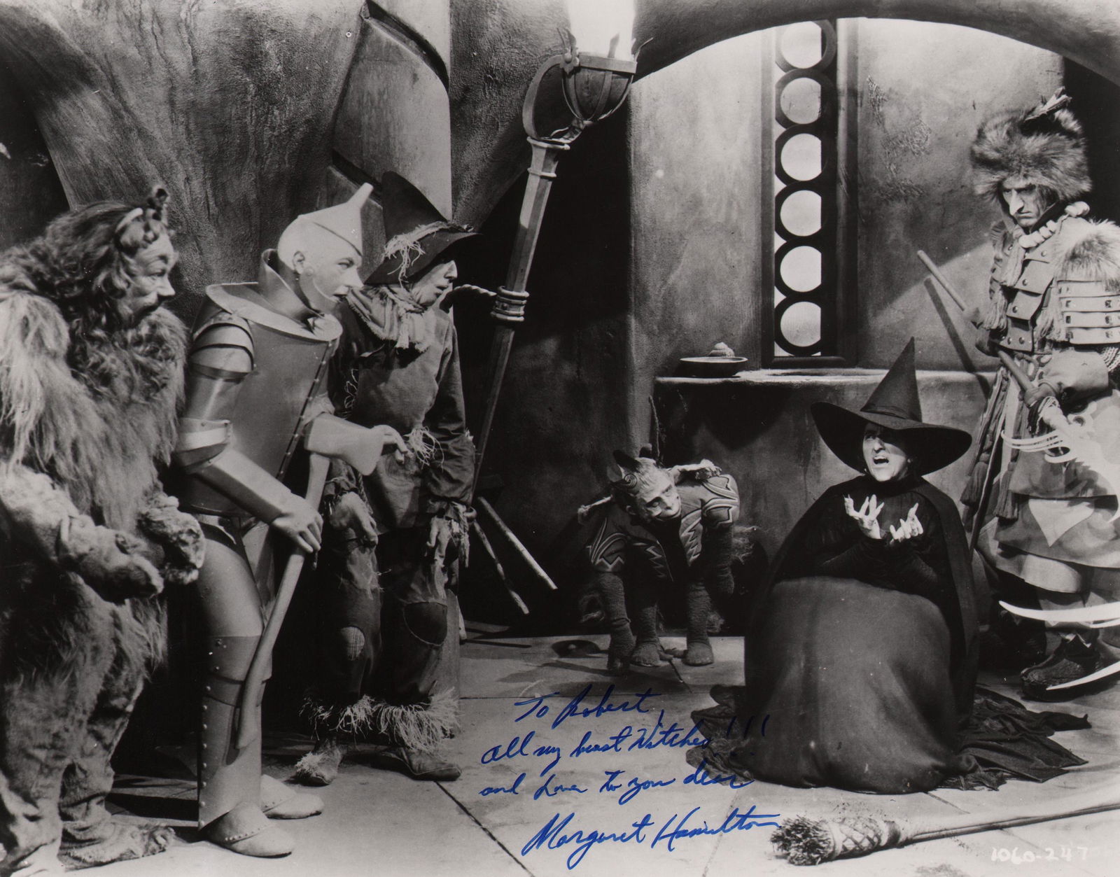 Anonymous, Wizard of Oz Cast, c. 1939: Anonymous, Wizard of Oz Cast, c. 1939, Vintage gelatin silver print, 8" x 10". Inscribed on recto: "To Robert, all my best witches!!! And love to you dear, Margaret Hamilton". (Signature cannot be ver