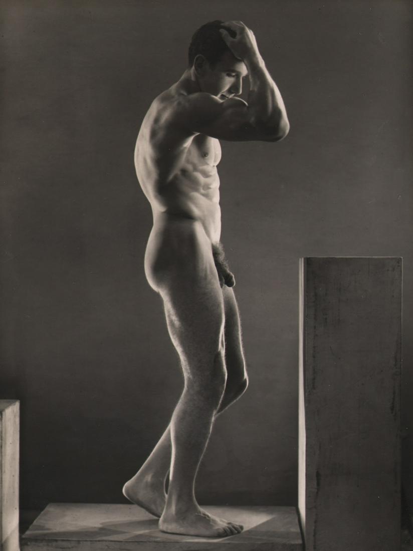Studio ARAX, Bodybuilder Marcel Rouet Nude, 1946: Studio ARAX, Bodybuilder Marcel Rouet Nude, 1946, Vintage gelatin silver print, 9.25" x 7". Studio ARAX credit on recto. Studio ARAX credit stamped on verso. "Collection Lucien Bacquemane" stamped on 