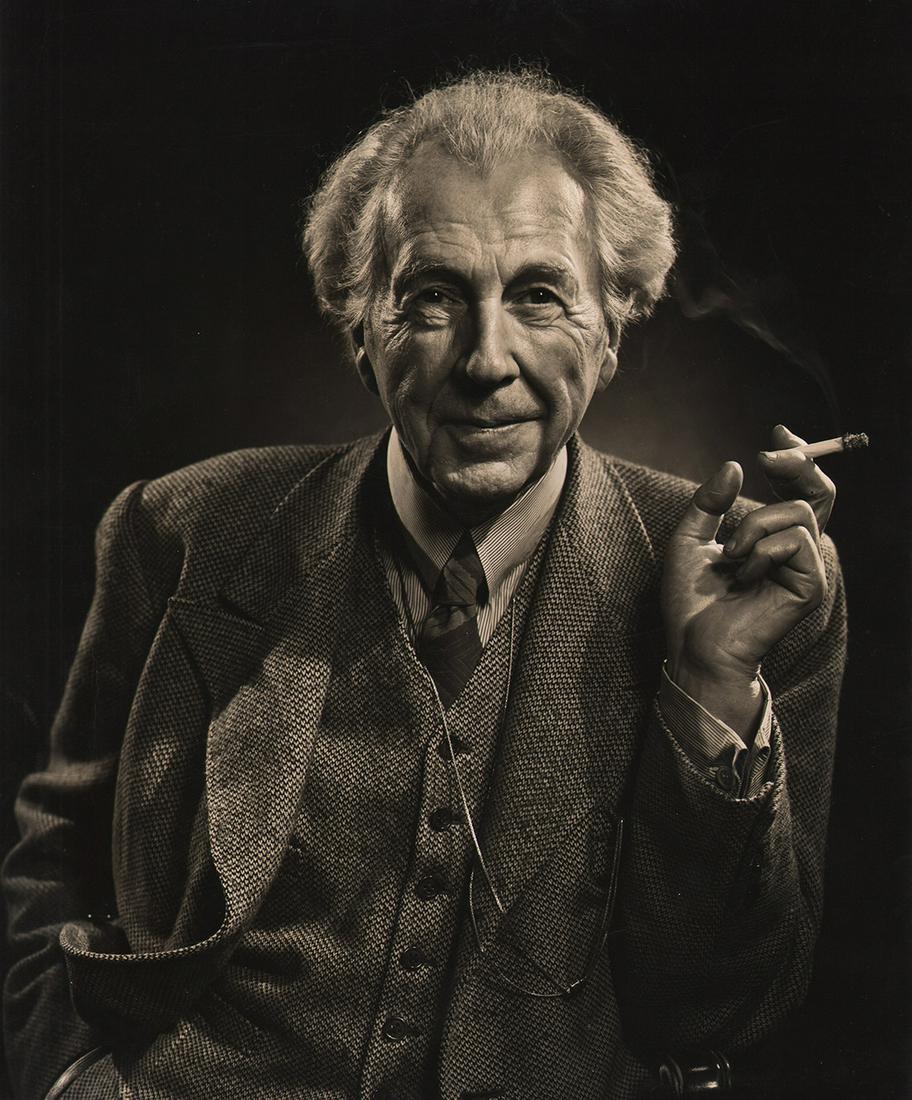 Yousuf Karsh, Architect Frank Lloyd Wright, 1947: Yousuf Karsh, Architect Frank Lloyd Wright, 1947, Vintage gelatin silver print, 13.5" x 11". Titled in pencil on verso. Artist's credit stamped on verso. Date stamped on verso. Artist Biography: Yousu