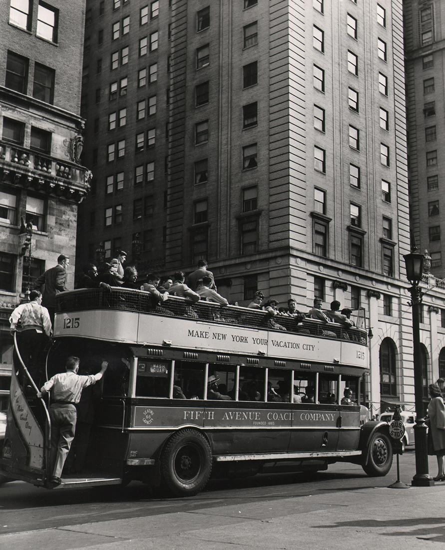 Fred Stein, Double Decker Bus, NYC, c. 1945: Fred Stein, Double Decker Bus, NYC, c. 1945, Vintage gelatin silver print, 10.25" x 8". Matted. Initialed by the artist's widow and dated 1984.