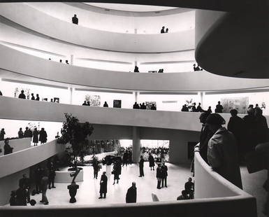 Ezra Stoller, Guggenheim Museum, 1960: Ezra Stoller, Paintings and sculpture on display at the new Solomon R. Guggenheim Museum, as viewed from the second ramp, looking across the main gallery, 1960, Vintage gelatin silver print, Image 7.5