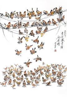 LEE TIO CHON (b. 1956) One Hundred & One Sparrows, 2018: LEE TIO CHON b. Perak, 1956 ONE HUNDRED & ONE SPARROWS, 2018 Signed, dated, titled and sealed (right) Chinese ink and colour on rice paper, hanging scroll 86 cm x 60 cm ------------------- 