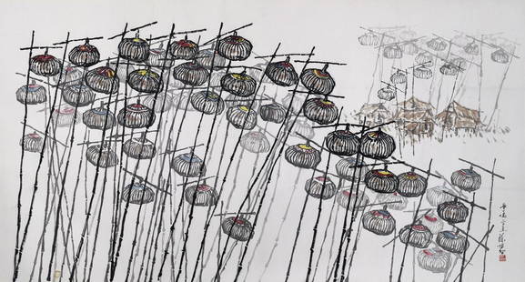 TAN PUAY TEE (b. 1935) Singing Competition I, 2015: TAN PUAY TEE b. Muar, 1935 SINGING COMPETITION I, 2015 Signed, dated, titled and sealed (lower right) Chinese ink and colour on rice paper, mounted 96 cm x 180 cm ------------------- 陈培&