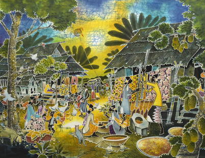 LIM ANUAR (b. 1969) Harmony of Village Neighbours, 2018: LIM ANUAR b. Kuala Lumpur, 1969 HARMONY OF VILLAGE NEIGHBOURS, 2018 Signed and dated (lower right) Batik 85 cm x 115 cm ------------------- LIM ANUAR 