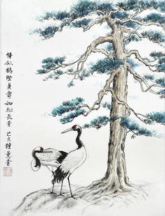CHUNG HWEE CHANG (b. 1950) Cranes, 2019: CHUNG HWEE CHANG b. Malacca, 1950 CRANES, 2019 Signed, dated, inscribed and sealed (left) Chinese ink and colour on rice paper, mounted 44 cm x 34 cm Inscriptions: May your love as faithful as