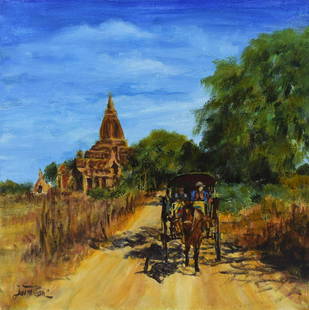 JANE TAN GIOK TJENG (b. 1947) Horse Cart Ride, 2020: JANE TAN GIOK TJENG b. Indonesia, 1947 HORSE CART RIDE, BAGAN, 2020 Signed (lower left) Acrylic on canvas 40 cm x 40 cm ------------------- JANE TAN GIOK TJENG
