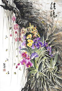 LEE TIO CHON (b. 1956) Entwined, 2013: LEE TIO CHON b. Perak, 1956 ENTWINED, 2013 Signed, sealed (lower left) and titled (upper right) Chinese ink and colour on rice paper, hanging scroll 67 cm x 46 cm ------------------- 