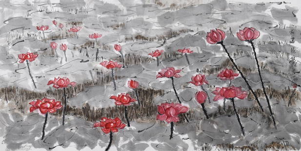 TAN PUAY TEE (b. 1935) Pink Lotus, 2014: TAN PUAY TEE b. Muar, 1935 PINK LOTUS, 2014 Signed, dated, titled and sealed (right) Chinese ink and colour on rice paper, mounted 68 cm x 136 cm ------------------- 陈培智
