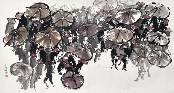 TAN PUAY TEE (b. 1935) Bazaar, 2014: TAN PUAY TEE b. Muar, 1935 BAZAAR, 2014 Signed, dated and sealed (lower left) Chinese ink and colour on rice paper, mounted 96 cm x 180 cm ------------------- 陈培智
