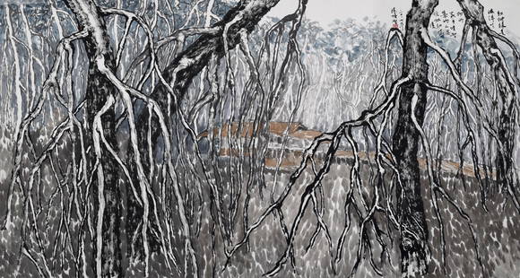 TAN PUAY TEE (b. 1935) Mangrove Forest I, 2017: TAN PUAY TEE b. Muar, 1935 MANGROVE FOREST I, 2017 Signed, dated, inscribed and sealed (upper right) Chinese ink and colour on rice paper, mounted 96 cm x 180 cm Inscriptions: Mangrove forest,