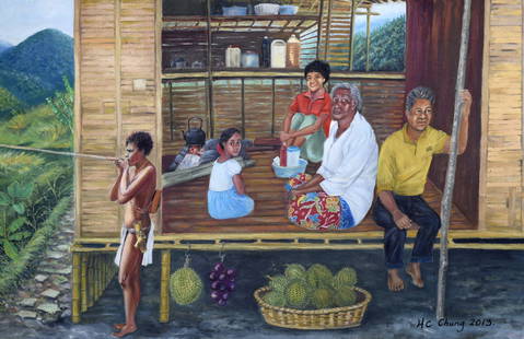 CHUNG HWEE CHANG (b. 1950) Aborigines, 2013: CHUNG HWEE CHANG b. Malacca, 1950 CAMERON HIGHLAND ABORIGINES, 2013 Signed and dated (lower right) Oil on canvas 67 cm x 105 cm ------------------- 钟蕙青