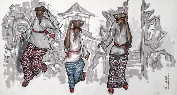 TAN PUAY TEE (b. 1935) Bali Impression, 2014: TAN PUAY TEE b. Muar, 1935 BALI IMPRESSION, 2014 Signed, dated, titled and sealed (lower right) Chinese ink and colour on rice paper, mounted 96 cm x 180 cm ------------------- 