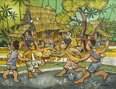 LIM ANUAR (b. 1969) Happy Family Playing, 2018: LIM ANUAR b. Kuala Lumpur, 1969 HAPPY FAMILY PLAYING, 2018 Signed and dated (lower right) Batik 85 cm x 115 cm ------------------- LIM ANUAR 
