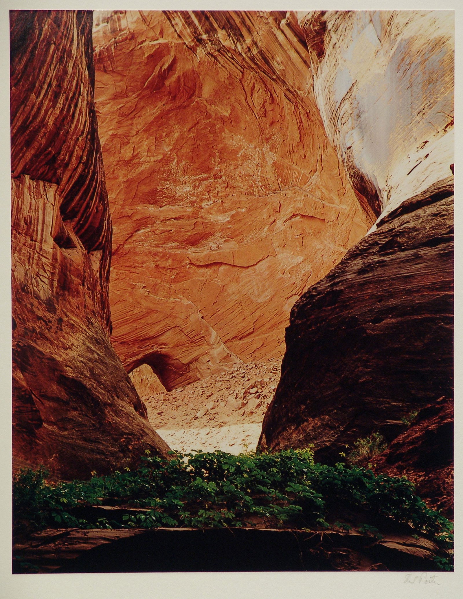 ELIOT PORTER Amphitheater Davis Gulch, Esc. Basin 1965: ELIOT PORTER (1901-1990) AMPHITHEATER. DAVIS GULCH, ESCALANTE BASIN, MAY 12, 1965 dye transfer print, printed c. 1980; 15 3/4 x 12 1/2 (image), 24 x 20 in. (mount); signed recto in pencil, artist stam