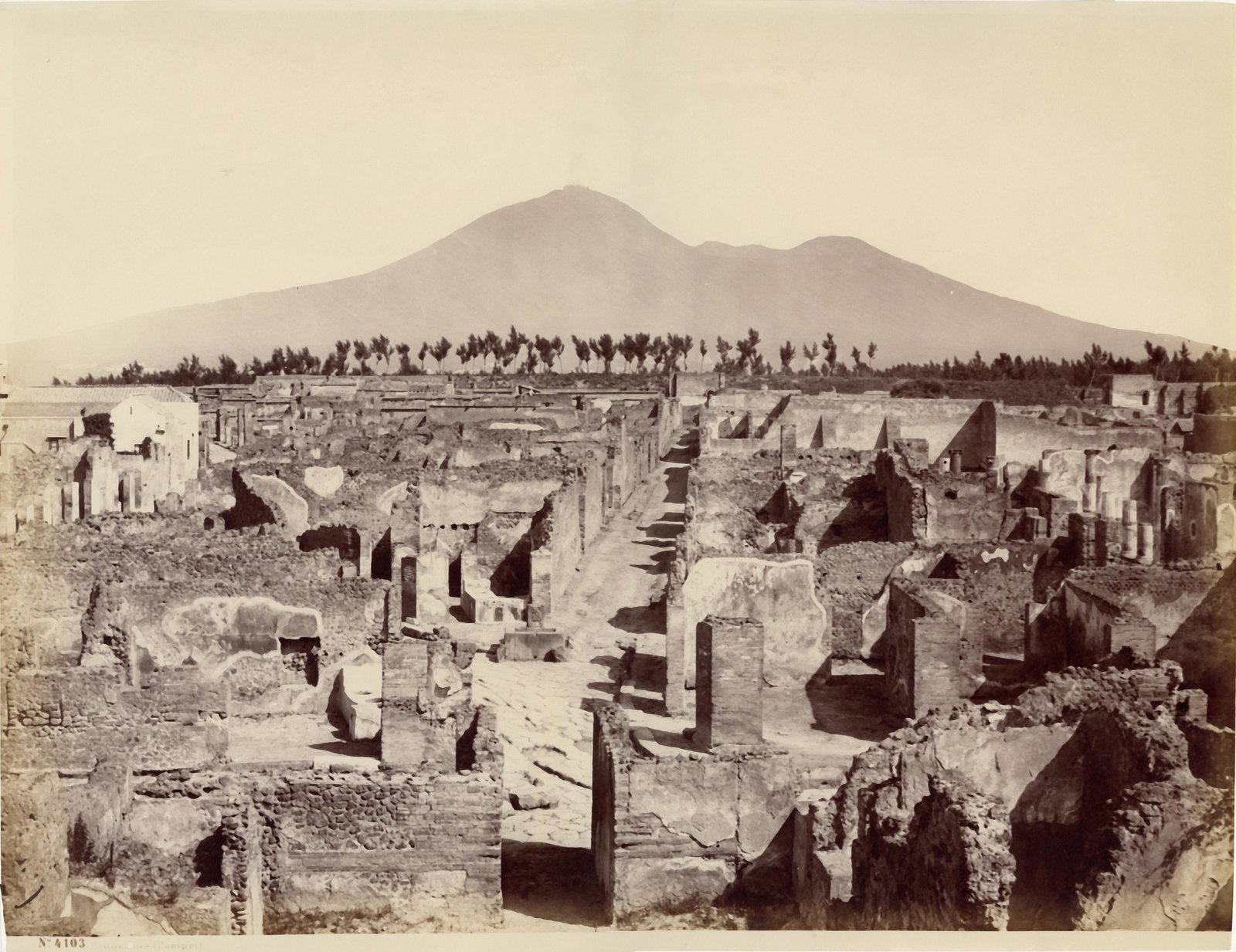Panorama con il Vesuvio, Pompei, c. 1870s: GIORGIO SOMMER (1834-1914), PANORAMA CON IL VESUVIO, POMPEI c. 1870 vintage albumen print; 7 ½ x 9 3/4 in. (image), 11 x 14 in. (sheet); Print No. 4103; Condition: Excellent. GSO-0009. Giorgio Sommer