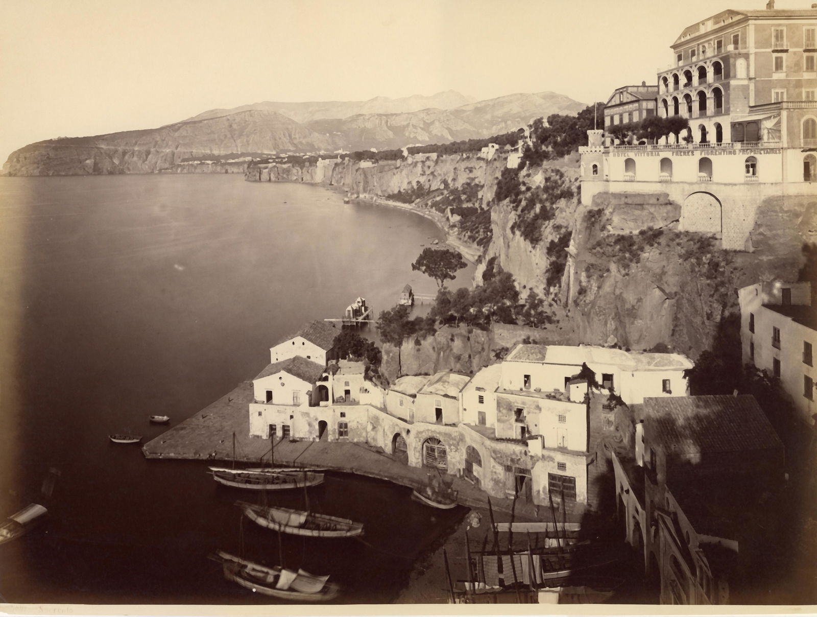 Panorama e Hôtel Vittoria Sorrento, c. 1870s: GIORGIO SOMMER (1834-1914), PANORAMA E HÔTEL VITTORIA, c. 1870s vintage albumen print; 11 x 14 in. (sheet); Print No. 4087; Condition: Excellent. GSO-0010. Giorgio Sommer was born in Frankfurt am Mai