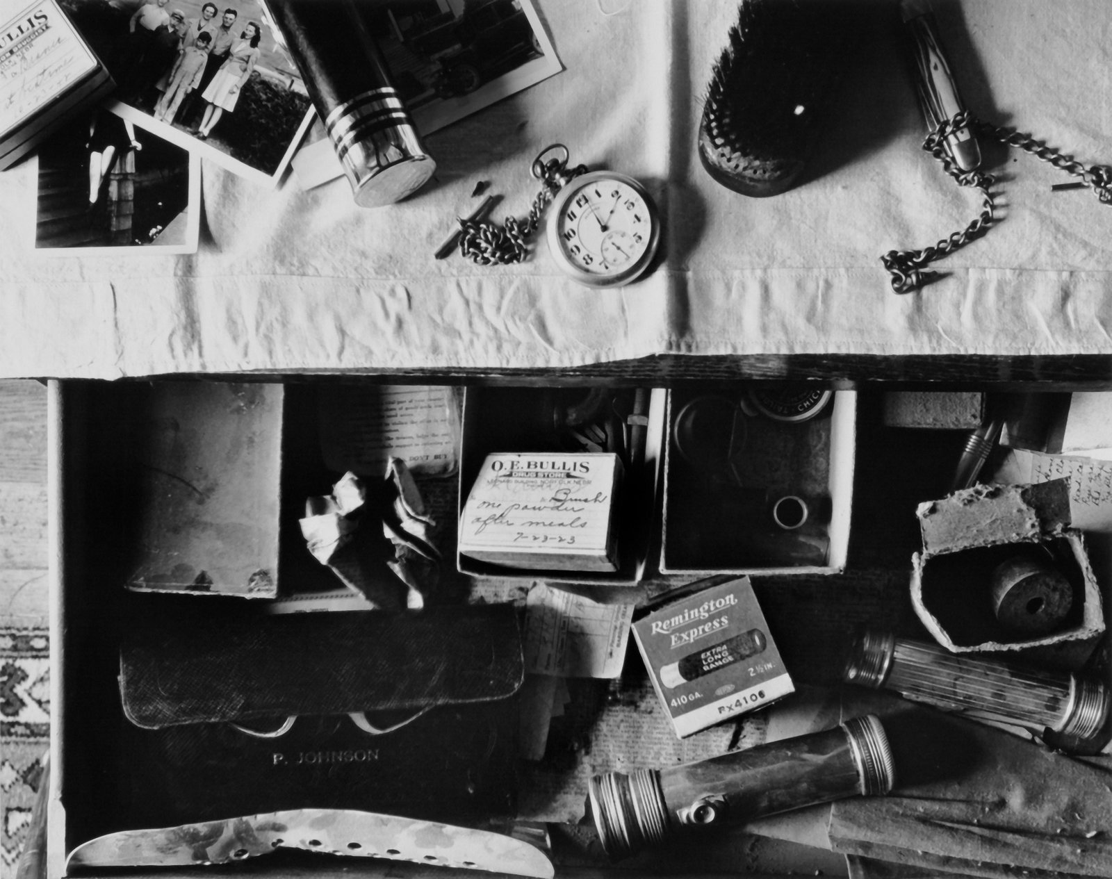 Dresser Drawer, near Norfolk, Nebraska, 1947: WRIGHT MORRIS (1910-1998), DRESSER DRAWER, NEAR NORFOLK, NEBRASKA, 1947 gelatin silver print, printed 1980, from Wright Morris portfolio (1981), ed. 23/50; 9 1/2 x 7 1/2 in. (image) 18 1/2 x 15 in. (d