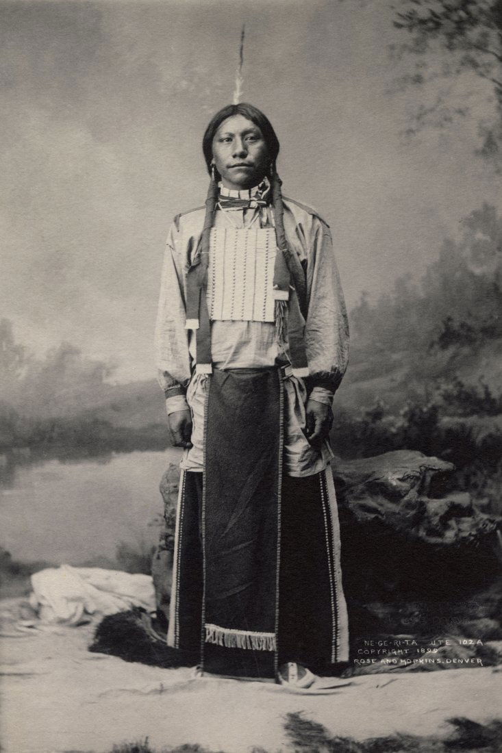 ROSE & HOPKINS, NE-GE-RI-TA, UTE, 1899: ROSE (1849-1932) AND HOPKINS (1859-1915), NE-GE-RI-TA, UTE, 1899 vintage platinum print; 9 1/4 x 71/2 in. (image), 8 x 10 in. (sheet); signed, artist, titled, date, number () recto in negative. Condit