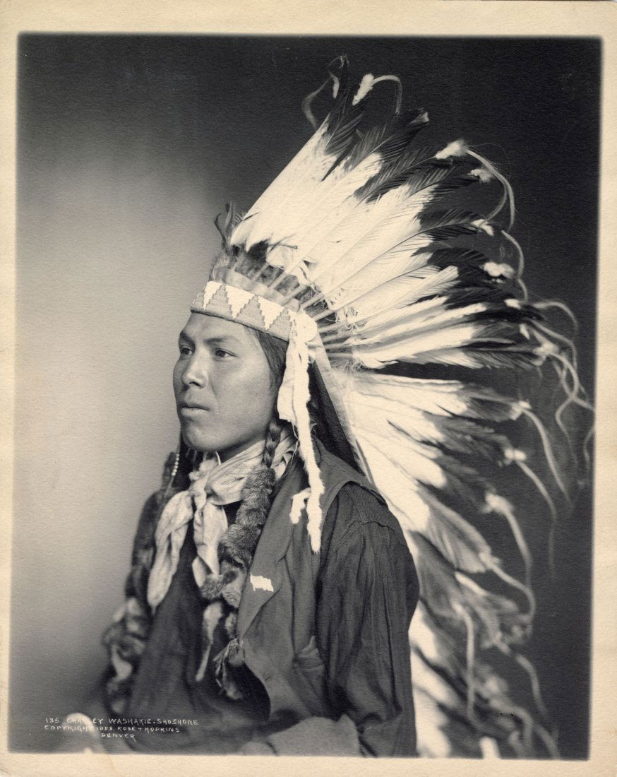 ROSE & HOPKINS, CHARLIE WASHAKIE - SHOSHONE, 1899: ROSE (1849-1932) AND HOPKINS (1859-1915), CHARLEY WASHAKIE â€“ SHOSHONE, 1899 vintage platinum print; 9 1/2 x 7 1/2 in. (image), 8 x 10 in. (sheet); signed, artist, title, date, number (), recto