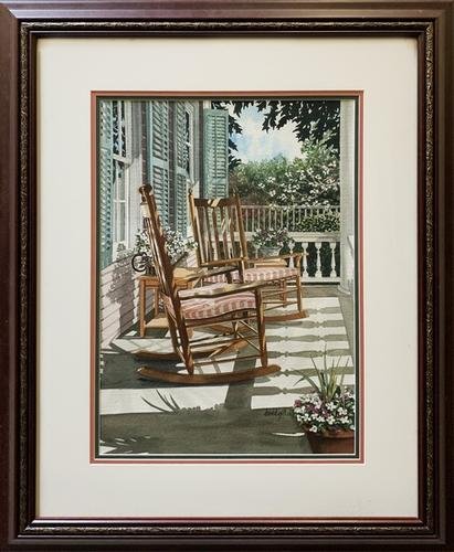 Beautiful Signed Mixed Media of Porch Rocking Chairs: Artwork is signed lower right by the artist. Artwork is matted and framed with a custom gallery frame. Approximate frame size 32 x 26 Please check photos for item's condition.
