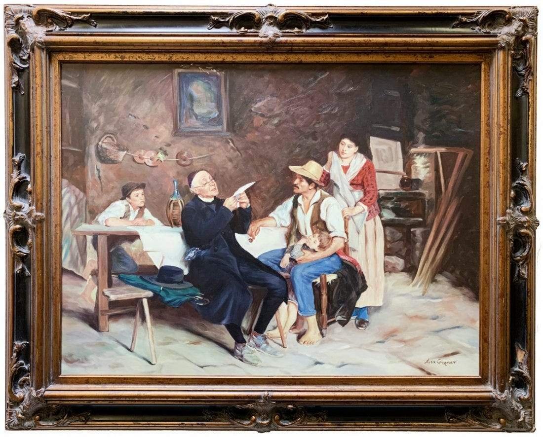 Alex Gorman Original Oil on Canvas: Original oil on canvas Painting of a man reading to a family inside their home. Signed by Alex Gorman. FramedSIZE: 40" X 51"