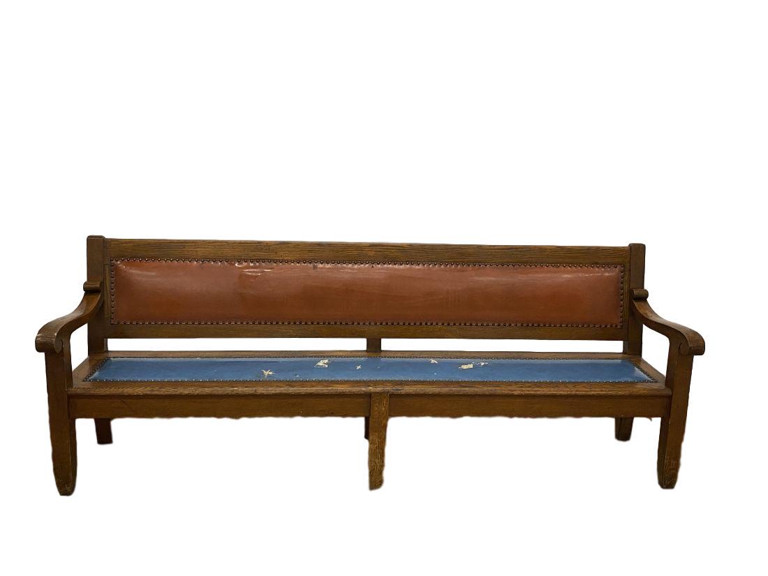 Antique Oak and Leather Bench: needs repairs to leather