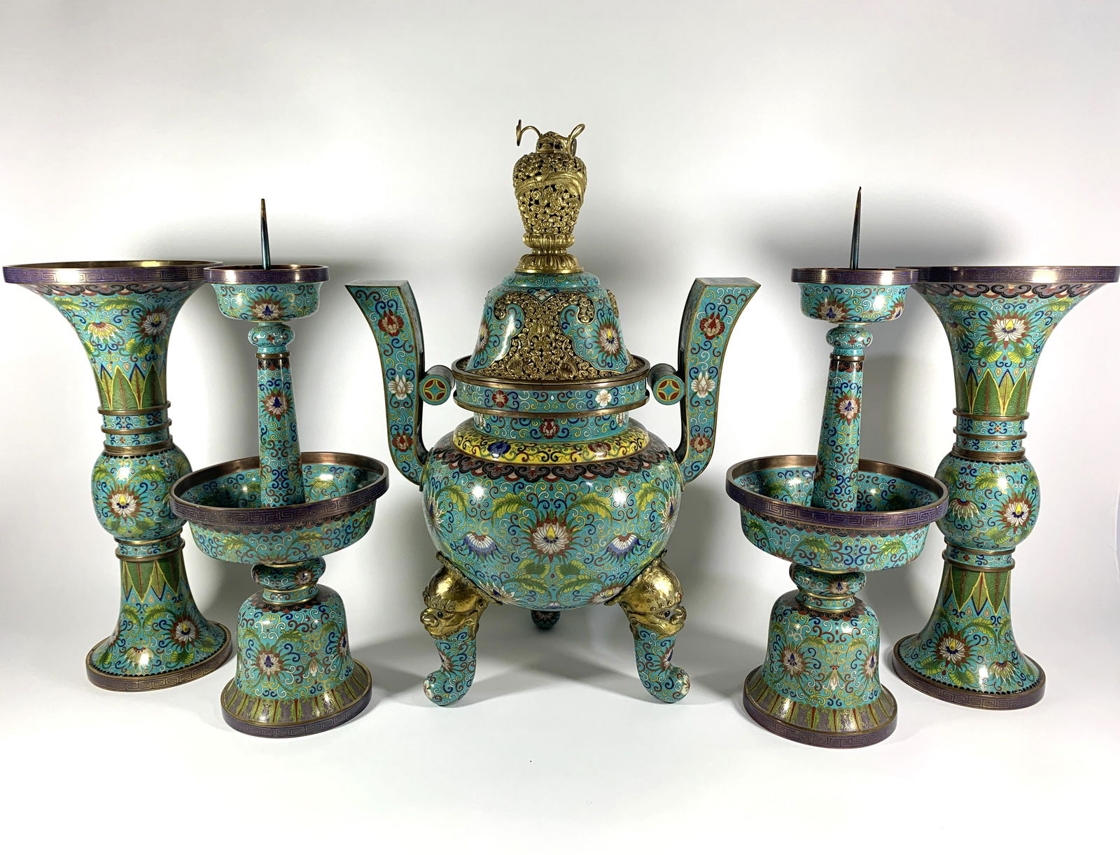 Monumental Chinese Cloisonne Five-Piece Altar Garniture (1 of 20)