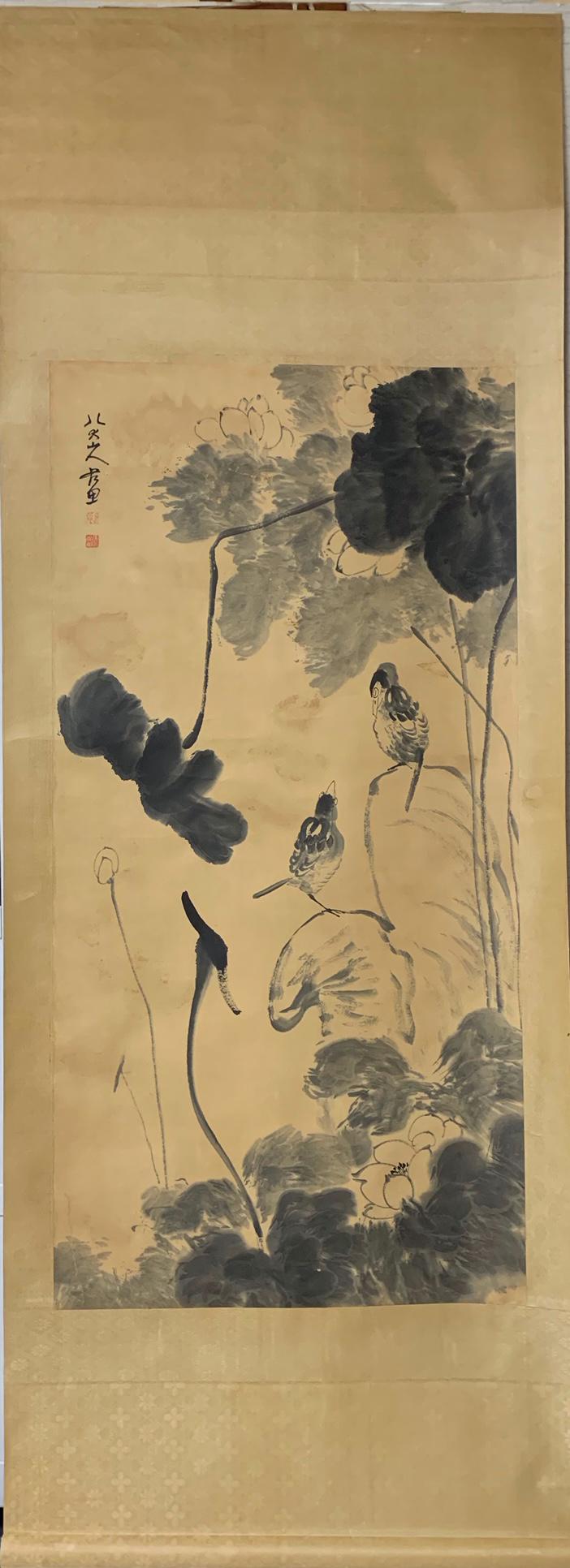 Bada Shanren Lotus & Kingfisher: Bada Shanren "Lotus and Kingfisher" hanging scroll on paperDimensions: 66 cm x 135 cm